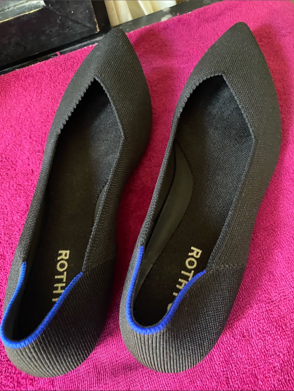 Rothy's Black Pointed Knit Flats with Blue Trim - Picture 4 of 7